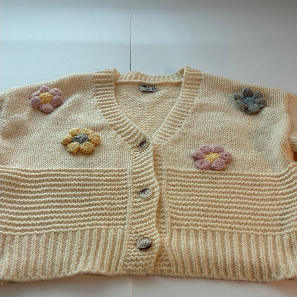 Vine Tree Cream Cardigan with3 D Floral Accents - Picture 4 of 11